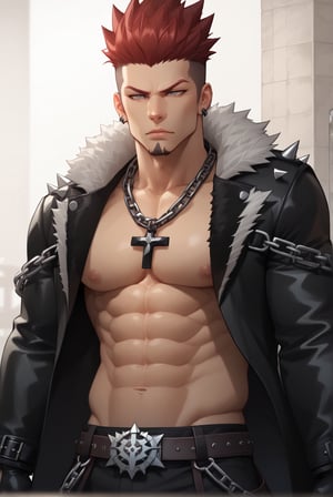 1guy, muscle, muscular, looking at viewers, solo, source anime, (symmetrical eyes), (amazing quality), red hair, spiked hair, (long hair), best aesthetic, grey eyes, BREAK, focus on face, belts, chains, necklace, (fur-trimmed jacket), black jacket, (off shoulder), ((short jacket)), half-closed eyes, masterpiece, high contrast, absurdres, 8k,  abs, pectorals, goatee, gloves, harness arm
