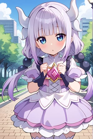 score_9, score_8_up, score_7_up, source_anime, masterpiece, 1girl, ctiankamui, white thighhighs, looking at viewer, jitome, long hair, bangs, blue eyes, hair ornament, twintails, blunt bangs, low twintails, light purple hair, beads, dragon girl, hair beads,  BREAK, ((light purple dress)), magical dress, ((magical girl)), BREAK, outdoors, park, kanna kamui, outdoors, 