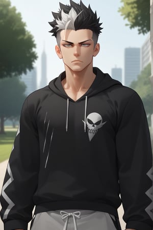 1Guy, uncensore, muscle, defined eyes, symmetrical eyes, amazing quality, best aesthetic, (Black hair), white highlights, spiky hair, (grey dark eyes), solo,  BREAK, oversized, wide pants, BREAK, park, 