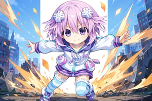 ore_9,score_9,score_8_up,score_7_up,ClrSkt,Neptune \(neptunia)\, purple eyes, purple hair, short hair, sidelocks, d-pad hair ornament, choker, shoes, white choker, hoodie, jacket, striped, striped legwear, thighhighs, (>3<),(>_<),((XD face)), ((>< Closed-Eyes Smile)), ((chibi character)), (chibi), spoken heart, solo, 1girl, action pose, punching