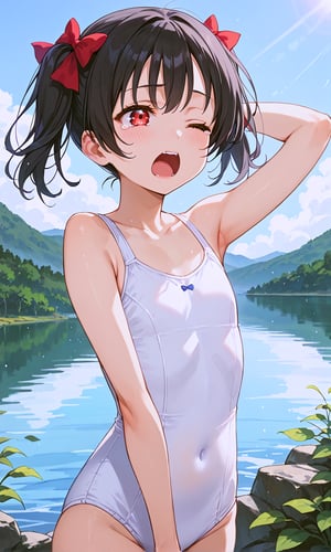 score_9, score_8_up, score_7_up, source_anime, 1girl, solo, lovelive_nico, black hair, short hair, twintails, red hairbow, red eyes, flat chest, (white one-piece swimsuit), stretching, yawning, teary eyed, one eye closed, lake, soft lighting, morning, rating_safe