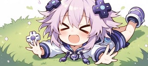 1girl, solo, Neptune, neptune \(neptune series\), purple hair, short hair, purple eyes, d-pad hair ornament, solo, (chibi, head only), blush, (Excited), happy, laughing, (>_<), (mouth open, mouth wide), Upper Body,((Chibi character)), arms outstretched, legs outstretched, stretching, laying down, ((grass))