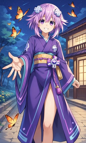 ore_9,score_9,score_8_up,score_7_up,ClrSkt, Neptune \(neptunia)\,purple eyes, purple hair, kimono, butterfly hair ornament, fireflies, sarashi, night, outside, walking, looking at camera, warm smile, smiling eyes, one hand reaching forward, 1girl, solo