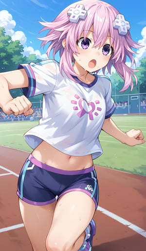 ore_9,score_9,score_8_up,score_7_up,ClrSkt,Neptune \(neptunia)\, (buruma), white t-shirt, sweat, midriff, navel, running, tripping, surprised, panicking, hands stretched out, female_solo, (solo), (1girl), sunny