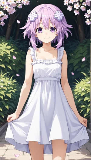 score_9,score_8_up,score_7_up,source_anime, Neptune \(neptunia)\,purple eyes, purple hair, short hair, sidelocks, sundress, summer dress, white dress, frills, (dress twirl), (animated), (twirling), (spinning), smile, hands raised,
outdoors, warm, petals, standing,
1girl, solo, cowboy shot, looking at viewer, turning head, good hands