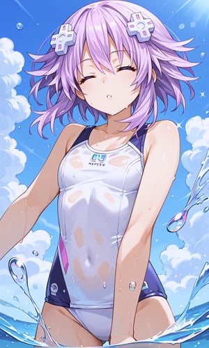 score_9, score_8_up, score_7_up, source_anime, Neptune \(neptunia)\,purple eyes, purple hair, short hair, sidelocks, white one-piece swimsuit, water droplets, soaked, eyes closed, parted lips, head tilted up, sparkle, splash