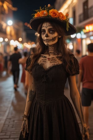 score_9, score_8_up, score_7_up, 8k, (very detailed), high detailed texture, depth of field, close-up 3/4 portrait of a skeleton dia de los muertos,  walking in the middle of a nighttime festival, down a busy street, flowers of cempasúchil, wearing a black victorian lace dress with her face done up in ((Dia de los Muertos)) Makeup, black lace veil covering her face. 