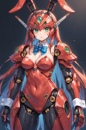 A close-up shot of a solo android girl gazing directly at the viewer, her joints and various android parts subtly visible beneath her strapless leotard. A detachable collar and bowtie adorn her neck, while bunny ears sprout from her head. The main attraction, however, is her impressive bust, encased in a Playboy-inspired armor-like design that doubles as mecha armor. Wrist cuffs add an extra touch of edginess to this striking android's overall aesthetic.standing front view, android face, 