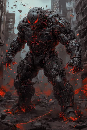 A mechanized venomstroke colossal monstrosity emerges from the distopi urban sprawl, Venom's form now a behemoth of twisted metal and pulsing darkness. Gigantic and imposing, the titan robot rampages through the city, its armored shell reflecting neon hues as it crushes skyscrapers beneath its unyielding might. Glowing red eyes survey the devastation, as explosions illuminate the scene in fiery reds and oranges, casting a hellish glow on the city's ruins.