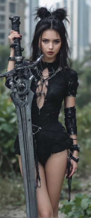 A dystopian metropolis serves as the backdrop for a striking young woman, her raven tresses and fiery eyes piercing through the desolate landscape. Adorned in a pleated skirt and jewelry, she brandishes a massive mechanical sword, its gears and rivets a stark contrast to her porcelain skin and black nails. One hand shackled in chains, she exudes confidence and mystery as her gaze meets the viewer's. The whimsical atmosphere of the Xianji subculture is palpable, with ultra-realistic details like 64k HDR, intricate skin texture, and razor-sharp features. A fusion of edgy and ethereal, the scene comes alive in a photorealistic masterpiece.,RAW