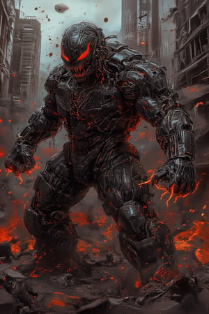 A mechanized venomstroke colossal monstrosity emerges from the distopi urban sprawl, Venom's form now a behemoth of twisted metal and pulsing darkness. Gigantic and imposing, the titan robot rampages through the city, its armored shell reflecting neon hues as it crushes skyscrapers beneath its unyielding might. Glowing red eyes survey the devastation, as explosions illuminate the scene in fiery reds and oranges, casting a hellish glow on the city's ruins.,RAW,