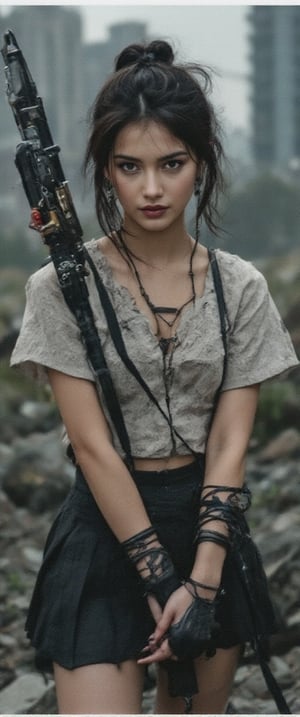 A dystopian metropolis serves as the backdrop for a striking young woman, her raven tresses and fiery eyes piercing through the desolate landscape. Adorned in a pleated skirt and jewelry, she brandishes a massive mechanical sword, its gears and rivets a stark contrast to her porcelain skin and black nails. One hand shackled in chains, she exudes confidence and mystery as her gaze meets the viewer's. The whimsical atmosphere of the Xianji subculture is palpable, with ultra-realistic details like 64k HDR, intricate skin texture, and razor-sharp features. A fusion of edgy and ethereal, the scene comes alive in a photorealistic masterpiece.,RAW