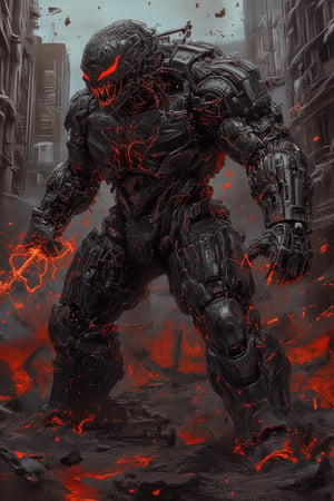 A mechanized venomstroke colossal monstrosity emerges from the distopi urban sprawl, Venom's form now a behemoth of twisted metal and pulsing darkness. Gigantic and imposing, the titan robot rampages through the city, its armored shell reflecting neon hues as it crushes skyscrapers beneath its unyielding might. Glowing red eyes survey the devastation, as explosions illuminate the scene in fiery reds and oranges, casting a hellish glow on the city's ruins.,RAW,