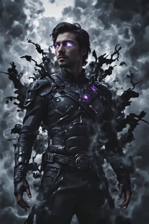 Solo Leveling's Sung Jin Woo, the Shadow Monarch, stands in a dramatic action pose amidst a whirlwind of shadows erupting from his body. Dark armor plating covers his torso and limbs, with short hair whipping around his face. His piercing purple eyes glow intensely, surrounded by detailed facial features. His hands are positioned in a powerful stance, fingers splayed as if ready to unleash energy at any moment. Dark smoky effects swirl around him, adding depth and dimensionality to the UHD 16K masterpiece.,RAW