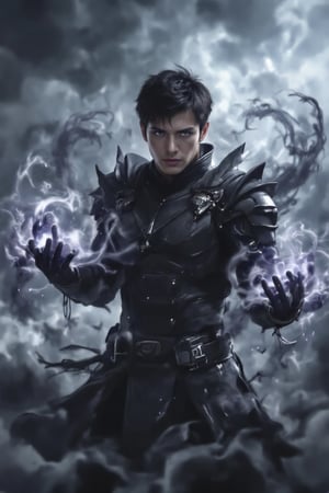 Solo Leveling's Sung Jin Woo, the Shadow Monarch, stands in a dramatic action pose amidst a whirlwind of shadows erupting from his body. Dark armor plating covers his torso and limbs, with short hair whipping around his face. His piercing purple eyes glow intensely, surrounded by detailed facial features. His hands are positioned in a powerful stance, fingers splayed as if ready to unleash energy at any moment. Dark smoky effects swirl around him, adding depth and dimensionality to the UHD 16K masterpiece.,RAW