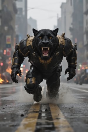 A black panther in mid-flight, its sleek body clad in shimmering black and gold armor, fills the frame as it hurtles towards the camera. The surrounding cyberpunk cityscape - a blur of smoke, flames, and jet exhaust - provides a dramatic backdrop for this close-up shot of the armored predator's determined expression.,RAW,photo