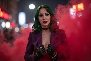 (((Realistic photo of A WOMAN CALLED Charlotte Sartre who is a sexy Joker))). Charlotte Sartre Joker's crooked smile with her made up face. Charlotte Sartre Joker face makeup, her purple suit, black glove, red smoke, her long messy green hairdo, serious and tough pose, dark night, neon lights city, realistic cyberpunk city background, (((very sensual full body photo))), ((Charlotte Sartre is The Joker from Dc Comics)),