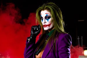 (((Realistic photo of A WOMAN CALLED janineLindemulderQuiron who is a sexy Joker))). The janineLindemulderQuiron Joker's crooked smile with her made up face, janineLindemulderQuiron Joker face makeup, her purple suit, black glove, red smoke, her long messy green hairdo, serious and tough pose, dark night, neon lights city, realistic cyberpunk city background ((very sensual photo)),janineLindemulderQuiron