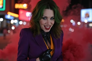 (((Realistic photo of A WOMAN CALLED RayVeness who is a sexy Joker))). The RayVeness Joker's crooked smile with her made up face, RayVeness Joker face makeup, her purple suit, black glove, red smoke, her long messy green hairdo, serious and tough pose, dark night, neon lights city, realistic cyberpunk city background, (((very sensual full body photo))),