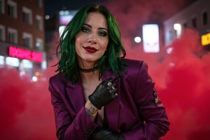 (((Realistic photo of A WOMAN CALLED Charlotte Sartre who is a sexy Joker))). Charlotte Sartre Joker's crooked smile with her made up face. Charlotte Sartre Joker face makeup, her purple suit, black glove, red smoke, her long messy green hairdo, serious and tough pose, dark night, neon lights city, realistic cyberpunk city background, (((very sensual full body photo))), ((Charlotte Sartre is The Joker from Dc Comics)),