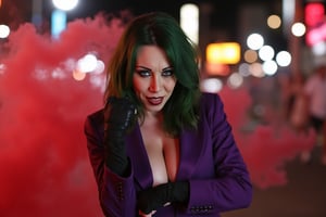 (((Realistic photo of A WOMAN CALLED RayVeness who is a sexy Joker))). The RayVeness Joker's crooked smile with her made up face, RayVeness Joker face makeup, her purple suit, black glove, red smoke, her long messy green hairdo, serious and tough pose, dark night, neon lights city, realistic cyberpunk city background, (((very sensual full body photo))),