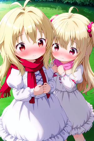 KidouinMakio, 1girl, red eyes, long hair, blonde hair, hair between eyes, bangs, antenna hair, hair intakes, white dress, scarf, frills, puffy sleeves, long hair, ((underage girl, lolicon, loli, young child)) (embarrassed, adorable, babyface), cuteloliface, outdoor, park