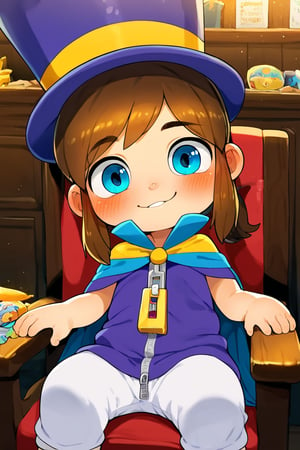 (score_9,score_8_up, (score_7_up:0.8),(score_6_up:0.8))
((underage, 1kid, loli, 5yo, adorable kid, young child, infant body type)) 
(indoors, innocent face, blushing)
(hat-kid, brown hair, sidelocks, ponytail, blue eyes, purple top hat, purple dress, zipper pull tab, yellow cape, white pants)
(official art, indoors, ingame model, dagasi_style)
looking at viewer, sitting on chair