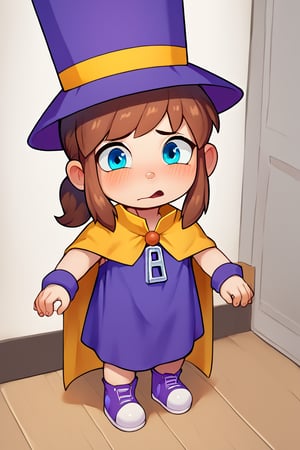 (score_9, score_8_up, (score_7_up:0.8), (score_6_up:0.8), source_cartoon)
((underage, 1kid, young child, infant:1.3, infant body type)) 
(adorable kid, innocent kid, embarrassed)
(hat-kid, brown hair, sidelocks, ponytail, blue eyes, purple top hat, purple dress, zipper pull tab, yellow cape)
(indoors, ingame model, c4toony style)
(pov)