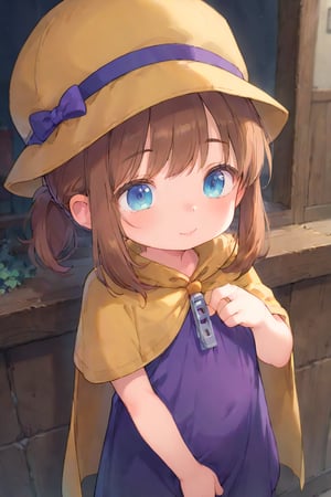 ((underage, 1girl, loli,  young child, infant body type)) (indoors, innocent face),score_9,score_8_up,source_anime,(score_7_up:0.8),(score_6_up:0.8),official art,highres,BREAK,masterpiece,hat-kid,brown hair,sidelocks,ponytail,blue eyes,aged up,purple top hat,purple dress,zipper pull tab,yellow cape