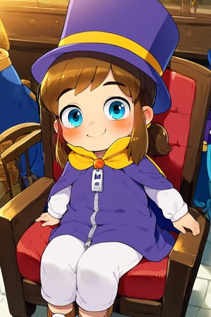 (score_9,score_8_up, (score_7_up:0.8),(score_6_up:0.8))
((underage, 1kid, loli, 5yo, adorable kid, young child, infant body type)) 
(indoors, innocent face, blushing)
(hat-kid, brown hair, sidelocks, ponytail, blue eyes, purple top hat, purple dress, zipper pull tab, yellow cape, white pants)
(official art, indoors, ingame model, dagasi_style)
looking at viewer, sitting on chair