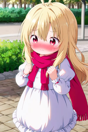 KidouinMakio, 1girl, red eyes, long hair, blonde hair, hair between eyes, bangs, antenna hair, hair intakes, white dress, scarf, frills, puffy sleeves, long hair, ((underage girl, lolicon, loli, young child)) (embarrassed, adorable), cuteloliface, outdoor, park