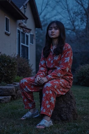 Moa metal, asian girl hanging out in her front yard at night in her pajamas 