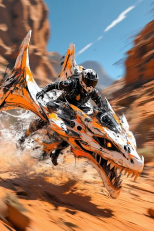 A pilot with sleek aviator gear races through a desert canyon at high noon. The scene is captured from a dynamic angle, highlighting the dragon-shaped aircraft's aerodynamic form. Bright sunlight creates sharp contrasts on the aircraft's surface, with dust trails emphasizing the speed. The background features rock formations, all blurred to accentuate the pilot's movement. The clear blue sky enhances the overall exciting atmosphere.

(1.6-1) d S = δ Q rev T::1.0 Pilot::0.5 Desert Canyon --s Action Adventure,BrushstrokeSymphony,DreamweaverLumina