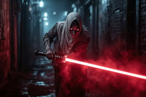 Terrifying hijabi female demonic figure with elongated, sharp fingers and glowing red veins viciously swinging a red lightsaber towards the viewer through a misty, shadow-filled alleyway at the witching hour. The scene is captured from a super close-up angle, highlighting the glowing veins on her face and arms, the saber cutting through the mist. Red light from the saber creates sharp reflections on her distorted features, with the mist swirling around, emphasizing her relentless strike. The background features dark alley walls and dim lights, all blurred to accentuate the violent movement. The mist-filled atmosphere enhances the overall sinister tone.
(1.6-1) d S = δ Q rev T::0.75 hijabi demonic figure::0.25 viewer --s 875 urban horror, misty visuals, intense lighting, SteampunkHijab,Pontianak,Kuntilanak,lightsaberweapon