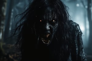 Pontianak with flowing black hair gives an extremely frightening roar through a misty forest at midnight. The scene is captured from a low-angle shot, highlighting her sharp, golden-tinged teeth. Moonlight creates eerie reflections on the Pontianak's surface, with shadows emphasizing her menacing expression. The background features twisted trees, all blurred to accentuate the Pontianak's movement. The starless sky enhances the overall haunting atmosphere.

(1.6-1) d S = δ Q rev T::1.0 Pontianak::0.5 Misty Forest --s Cinematic Horror

Pontianak,Kuntilanak,MidnightEmber,EmberPixelNoir