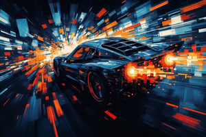 A dynamic digital painting of two racing supercars with sleek, futuristic designs, captured mid-race. Exaggerated motion lines stream from their bodies, creating the illusion of extreme superspeed, blurring the background with vibrant neon city lights. The foreground features sharp, angular lines emphasizing the acceleration, while the cars' metallic surfaces reflect vivid streaks of glowing color. The scene is lit by dramatic spotlights from overhead drones, casting deep shadows across the cars' aerodynamic curves. The atmosphere is electric, with sparks flying from the tires as they zoom through a high-tech cityscape, capturing the essence of speed and power.,CosmicBrushstrokes,EmberPixelNoir