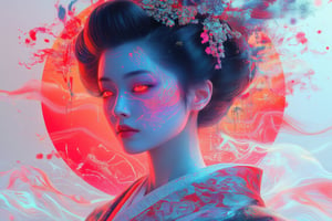 A highly detailed, photorealistic portrait of a mysterious geisha possessed by the spirit of a hipster dragon, set against a clean white background. The geisha's glowing red eyes are mesmerizing, with streaks of luminous color running down from beneath them, adding to the eerie, otherworldly aura. Her traditional attire is contrasted by subtle, modern hipster elements intertwined within the fabric. The composition features an abstract, symmetrical representation of her transformation, with faint, dragon-like shapes forming around her in an ethereal glow. The image draws influence from iconography illumination and tarot, giving the portrait a mystical and spiritual tone, with intricate, soft lighting that enhances the supernatural atmosphere. Styled like a space opera poster, the visual effect is inspired by the work of Satoshi Kon, combining vivid imagination with intricate realism, making the portrait both haunting and captivating.,NeonDystopia,cinematic dramatic color style,DreamweaverLumina