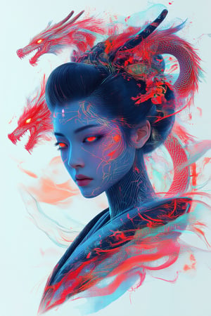 A highly detailed, photorealistic portrait of a mysterious geisha possessed by the spirit of a hipster dragon, set against a clean white background. The geisha's glowing red eyes are mesmerizing, with streaks of luminous color running down from beneath them, adding to the eerie, otherworldly aura. Her traditional attire is contrasted by subtle, modern hipster elements intertwined within the fabric. The composition features an abstract, symmetrical representation of her transformation, with faint, dragon-like shapes forming around her in an ethereal glow. The image draws influence from iconography illumination and tarot, giving the portrait a mystical and spiritual tone, with intricate, soft lighting that enhances the supernatural atmosphere. Styled like a space opera poster, the visual effect is inspired by the work of Satoshi Kon, combining vivid imagination with intricate realism, making the portrait both haunting and captivating.,NeonDystopia,cinematic dramatic color style,DreamweaverLumina