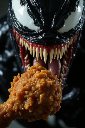 A close-up, symmetrical front-centered view of Venom opening his mouth widely, about to bite a golden-brown fried chicken drumstick. Venom's sharp teeth and glossy tongue are detailed, with a wet, menacing look as he prepares to devour the drumstick. The crispy texture of the chicken contrasts against the dark background, with focused lighting highlighting the intricate details of both Venom's face and the fried chicken. The scene captures the tension of the moment with photorealistic depth and detail,friedchicken