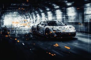 A white supercar with futuristic design elements tearing through a high-tech tunnel at midday. The scene is captured from a side view, highlighting the car's sharp lines and the glowing tunnel lights reflected on its body. Harsh overhead lighting casts bright highlights on the polished surface, with the tunnel’s glow emphasizing the speed. The background features sleek metallic walls, all blurred to accentuate the supercar's rapid movement. The clear sky visible through gaps in the tunnel enhances the high-tech feel.
(1.6-1) d S = δ Q rev T::0.6 [white_lightning]::0.7 [tunnel_flash] --s [techno_rush],CosmicBrushstrokes,EmberPixelNoir