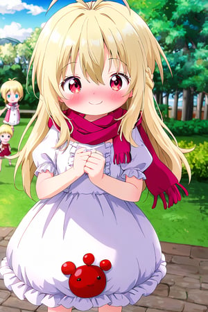 KidouinMakio, 1girl, red eyes, long hair, blonde hair, hair between eyes, bangs, antenna hair, hair intakes, white dress, scarf, frills, puffy sleeves, long hair, ((underage girl, lolicon, loli, young child)) (embarrassed, smile, adorable), cuteloliface, outdoor, park