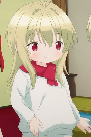 KidouinMakio, red eyes, long hair, blonde hair, hair between eyes, bangs, antenna hair, hair intakes, long hair, white shirt, red scarf,((underage 1girl, loli,  young child, infant body type)) (indoors, innocent face)