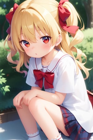 KidouinMakio, red_eyes, blonde_hair, long_hair, hair_between_eyes, ribbon, hair_ribbon, two_side_up, red_bow, hair_intakes, loli, underage