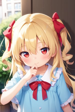 KidouinMakio, red_eyes, blonde_hair, long_hair, hair_between_eyes, ribbon, hair_ribbon, two_side_up, red_bow, hair_intakes, loli, underage