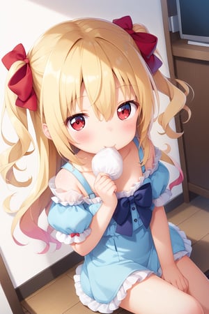 KidouinMakio, red_eyes, blonde_hair, long_hair, hair_between_eyes, ribbon, hair_ribbon, two_side_up, red_bow, hair_intakes, loli, underage