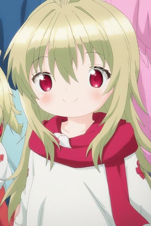 KidouinMakio, red eyes, long hair, blonde hair, hair between eyes, bangs, antenna hair, hair intakes, long hair, white shirt, red scarf,((underage, 1girl, loli,  young child, infant body type)) (indoors, innocent face)