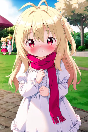 KidouinMakio, 1girl, red eyes, long hair, blonde hair, hair between eyes, bangs, antenna hair, hair intakes, white dress, scarf, frills, puffy sleeves, long hair, ((underage girl, lolicon, loli, young child)) (embarrassed, smile, adorable), cuteloliface, outdoor, park