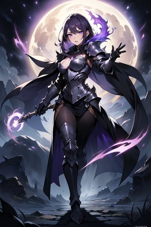 Woman, Black Armor, Purple Hair, Purple aura, Purple Eyes, Badass Knight, Dark shadow knight, Female Knight, Full Body, Seducing, Dominate, Magic, Fantasy Landscape, 4k, ultra-detailed, masterpiece, pretty hands, pretty face, accurate body, accurate eyes, detailed eyes, vibrant colors,