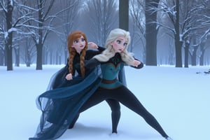 princesss anna and princess elsa, winter background, posing daring. full legs. full body. looking daring