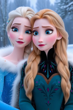 portrait princesss anna and princess elsa, winter background, portrait 85mm f/1.2 lens